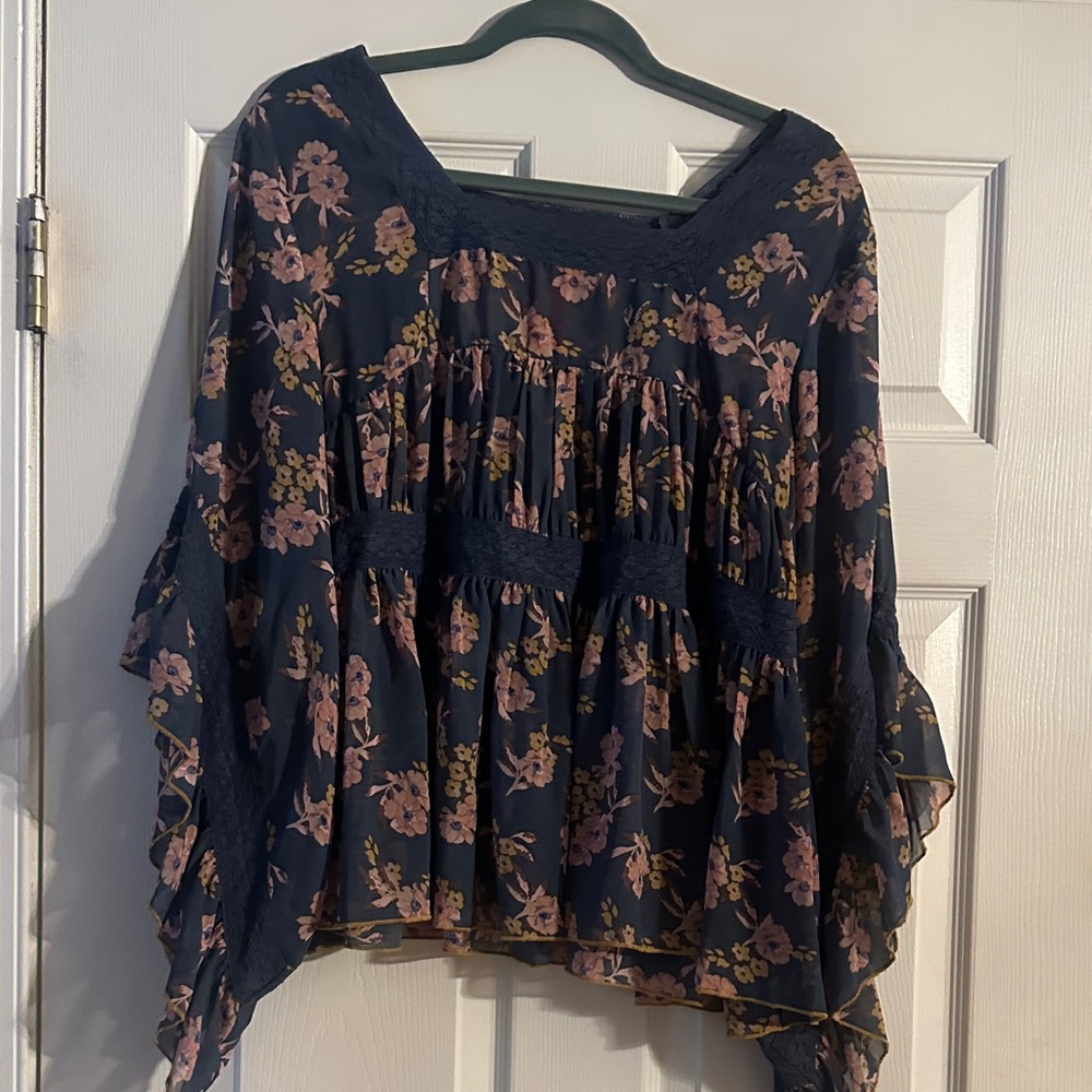 V Cristina Navy Floral Bell Sleeve Blouse